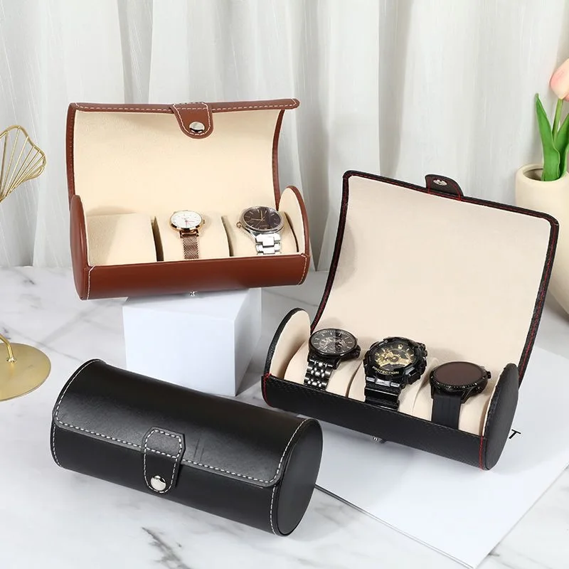 WellZone Black/Brown Color 3 Position Cylindric PU Leather Watch Protection Case Portable Watch Storage Box