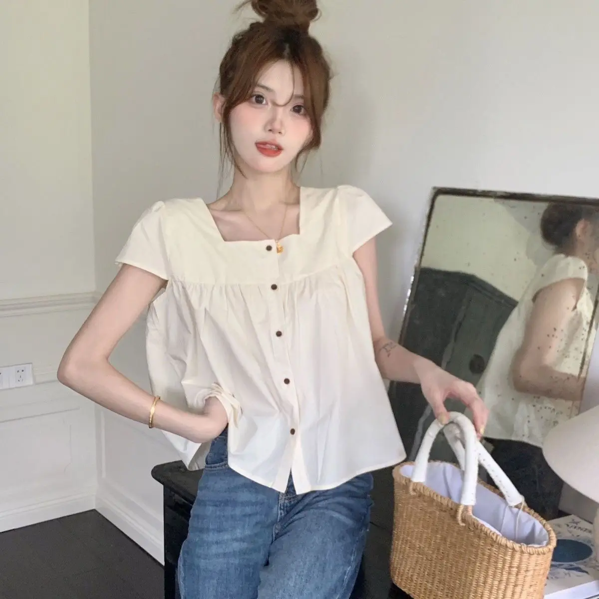 Estate nuovo stile coreano collo quadrato stile occidentale carino dimagrante dolce monopetto tinta unita Versatile camicia da donna