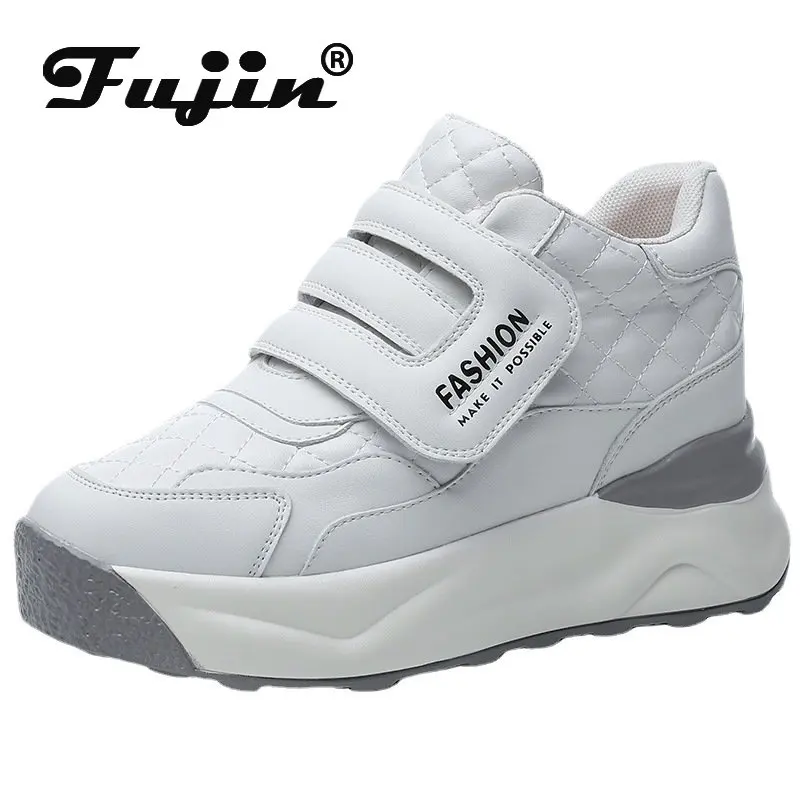 

Fujin 8cm Natural Genuine Leather Sneakers Ankle Booties Platform Wedge Hidden Heel Women Boots Spring Autumn Hook Females Shoes