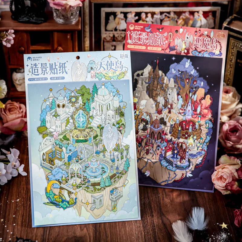 Angel Demon Island Scene Stickers Fantasy Heaven Hell PVC Die Cut Stickers For Journal Scrapbooking Planner DIY Decor Crafts