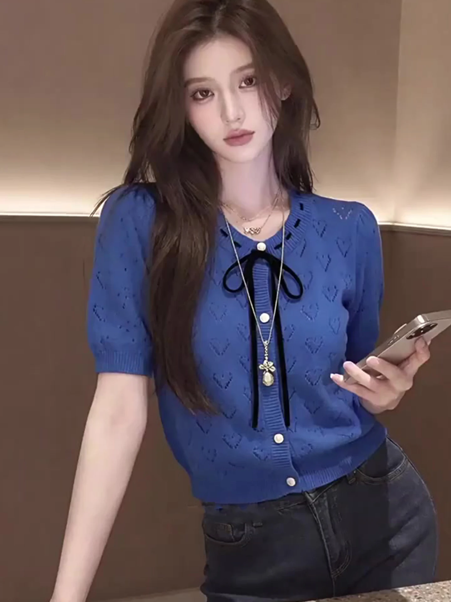 

Fashionable Hollow out Knot T-Shirt Women's Korean Style Knitted Top White Enhancing Summer 2026 Poetic Lin Silk Blend