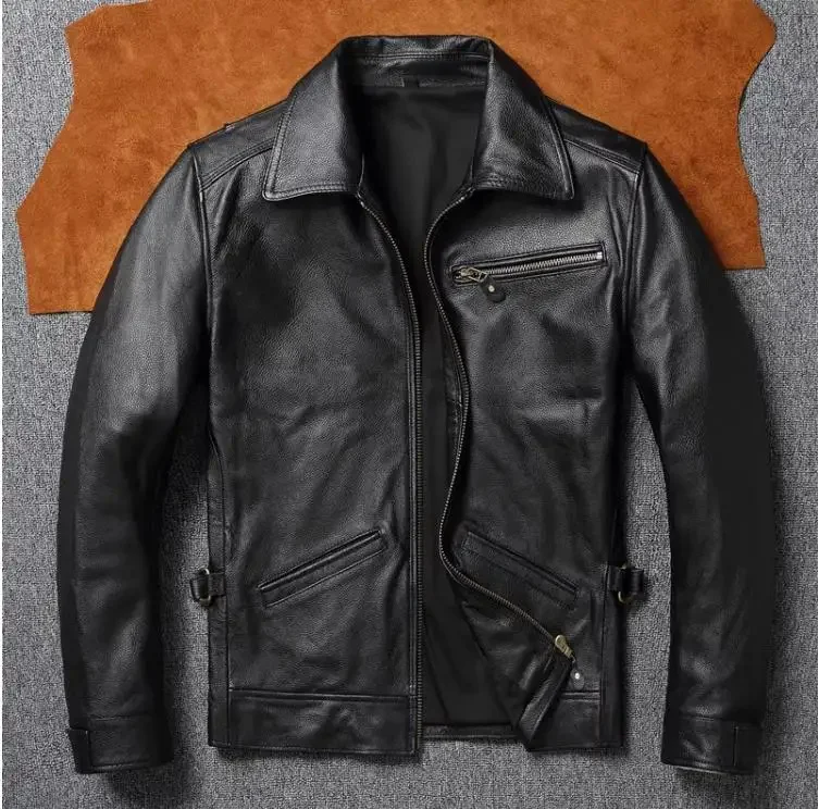 

Free shipping.Sales Mens genuine leather jacket.Rider 1930s style 100% soft cowhide coat.Plus size slim fit wear