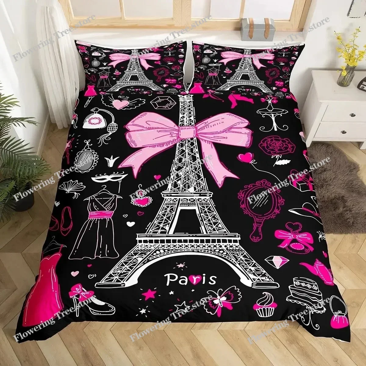Paris Duvet Cover Queen Size Blue Eiffel Tower Comforter Cover France Famous Buildings Print Bedding Set Black White Quilt Cover