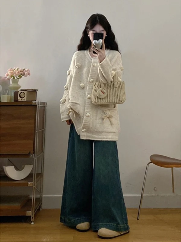 

3D Bear Heart Button Shoulder Women's Knitted Sweater Coat Medium Length Casual Style Winter Fashion plus Size MM Outerwear