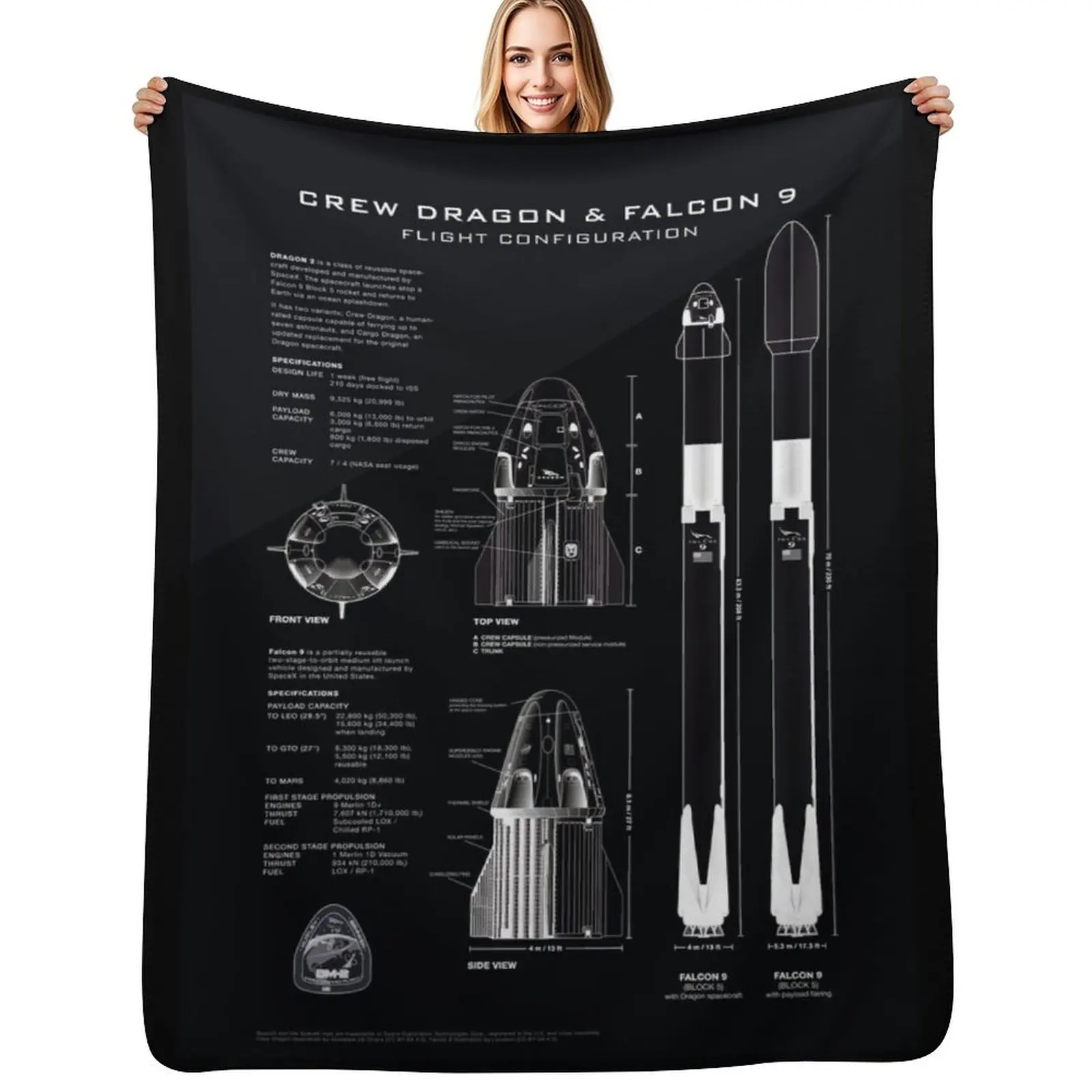 SpaceX Crew Dragon Spacecraft & Falcon 9 Rocket Blueprint in High Resolution (all black) Throw Blanket