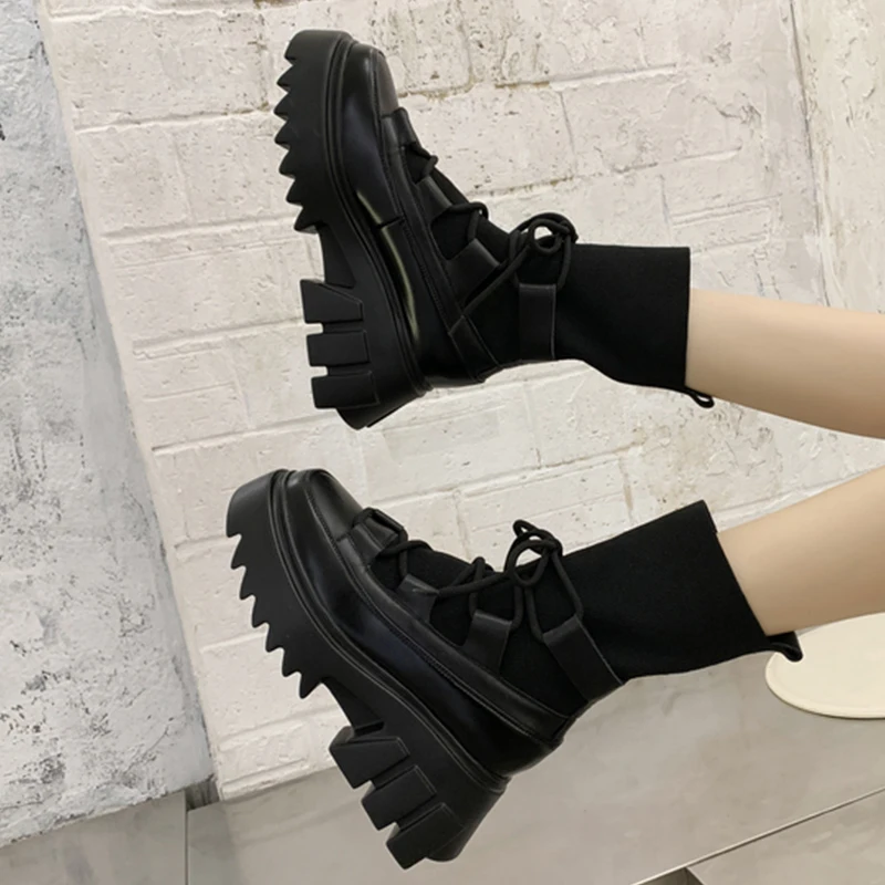 Woman\'s New Ladies Casual Stretch Fabric Socks Boots Fashion Cross-tied Shoes Platform Gothic Fabric Autumn Thick Bottom Lace-up