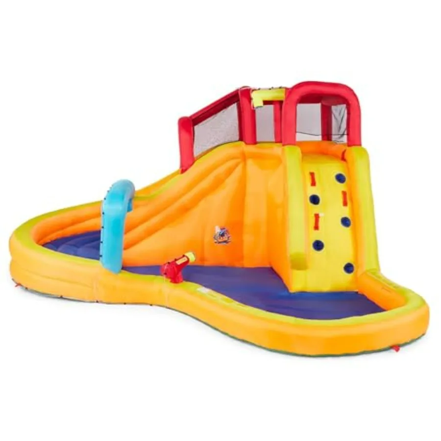 Lazy River Inflatable Water Park for outdoor use, PVC material, blue and yellow color, includes waterslide, water cannon, and s