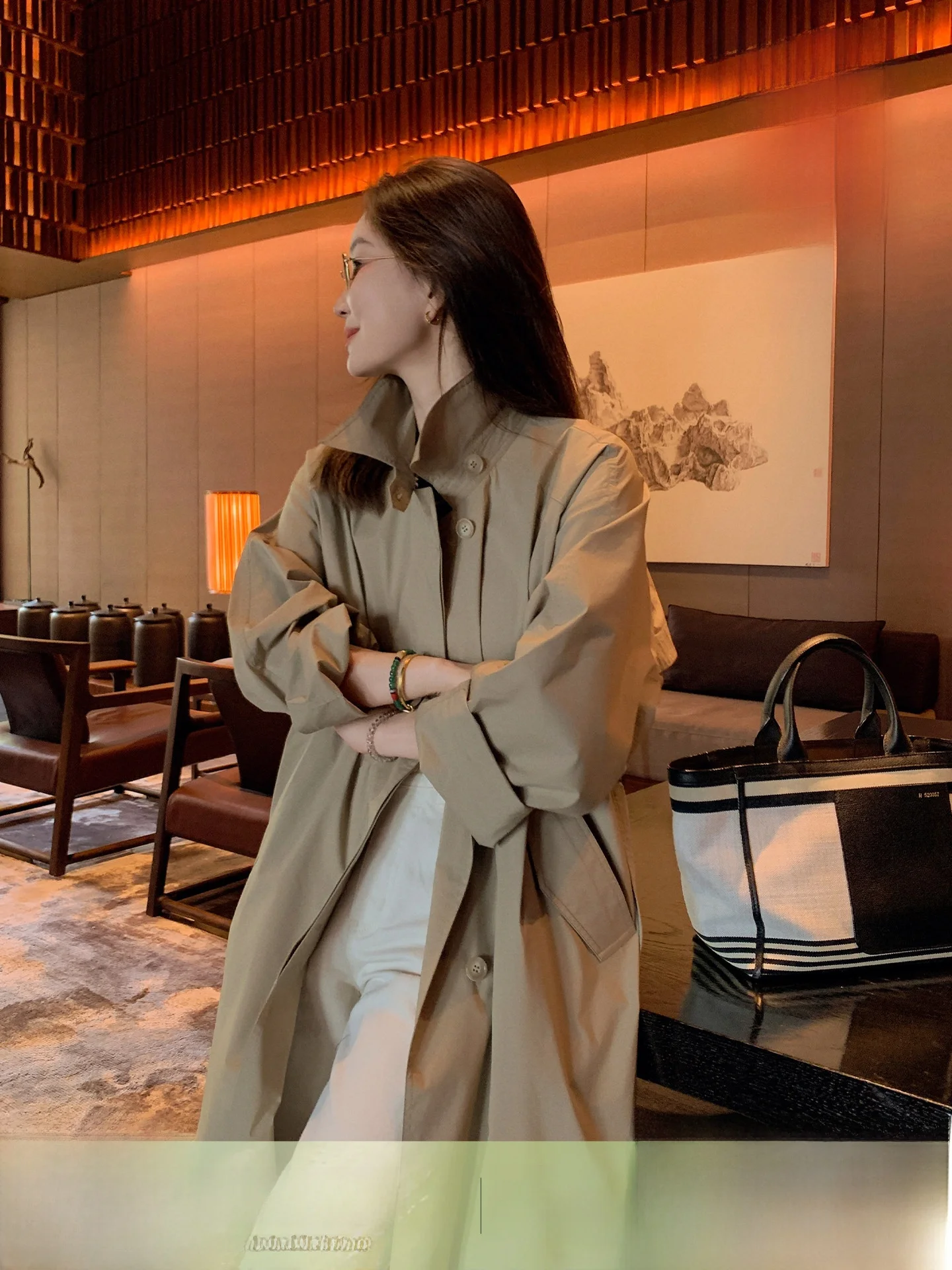 

Lebelin Sisy Store Owner's Bla Label Windbreaker Women's Loose Fit Tailored Waist-Cinching Khaki Color Mid-Length Coat
