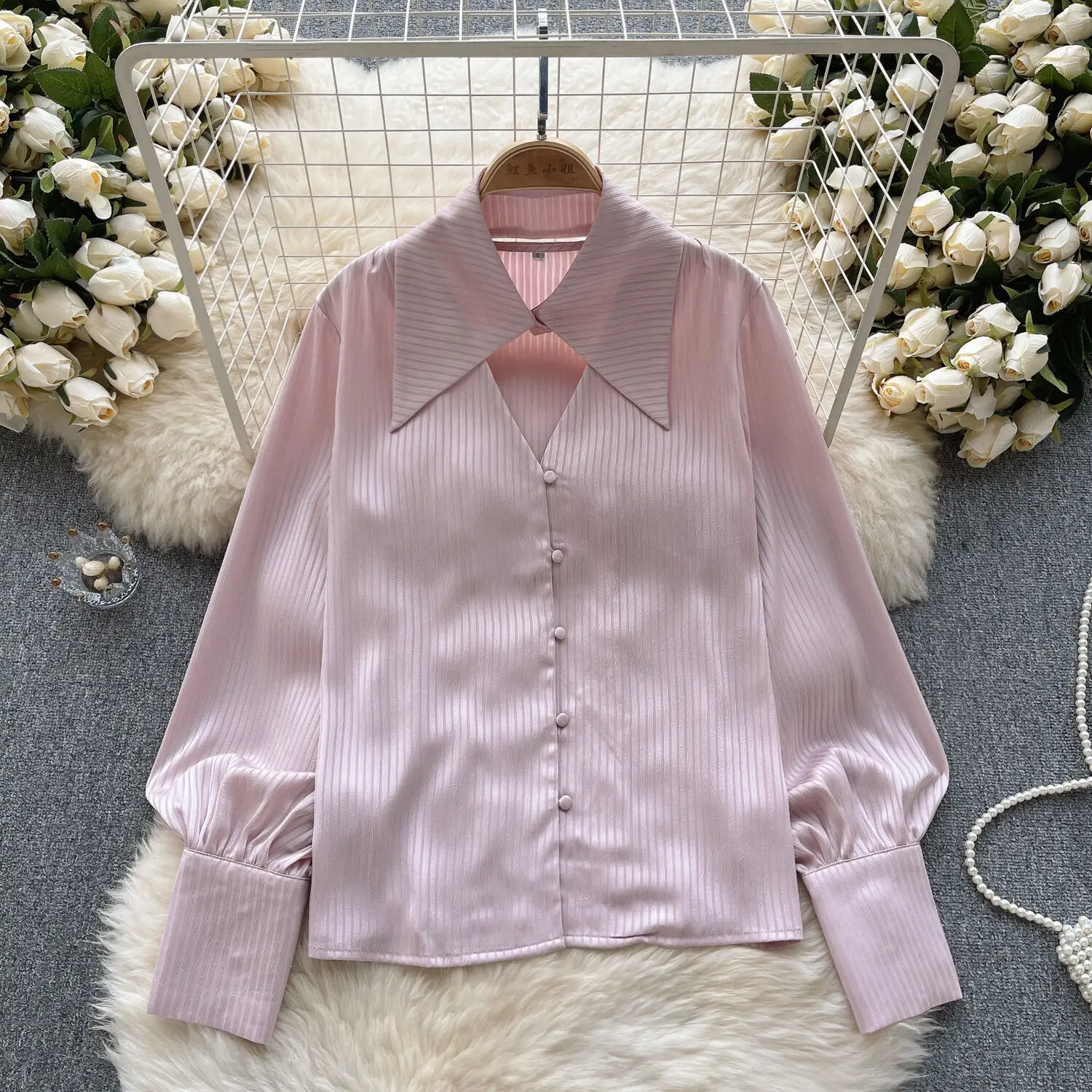 Women's Age Reduce Shirt 2024 New Unique High Quality Elegant Ladies Office Work Shirt Girl's Vintage Pink Loose Satin Top