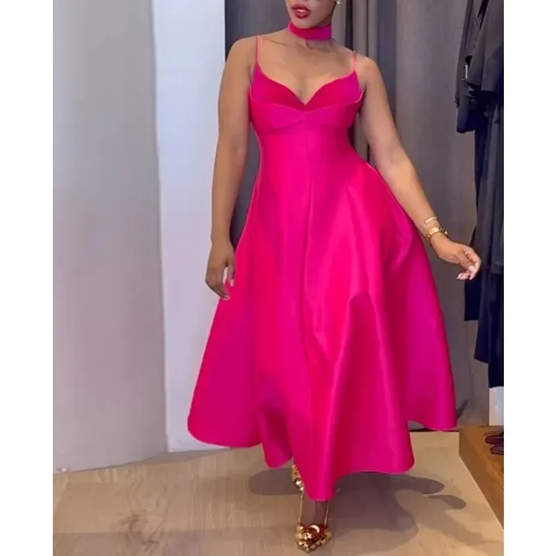 فستان نسائي مثير بدون ظهر بدون حمالات مخملي خياطة سميكة من الساتان مشد رسن عطلة الزفاف خط مطوي ميدي فستان طويل #1