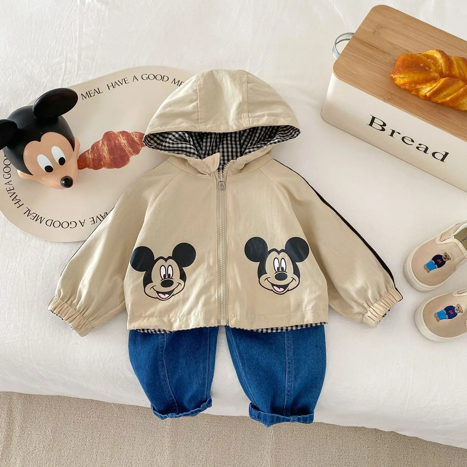 Mickey Mouse Printed Jacket for Kids Disney Cartoon Spring Double Sided Wear Hooded Outwear Khaki Autumn 0-5Y Toddler Blazer