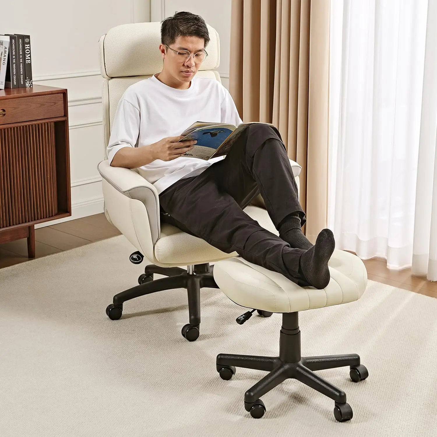 Height Adjustable Footrest Stool with Wheels, 360°Swivel Leg Rest Rolling Chair, Rest Ottoman Under Desk for Home Office,Beige