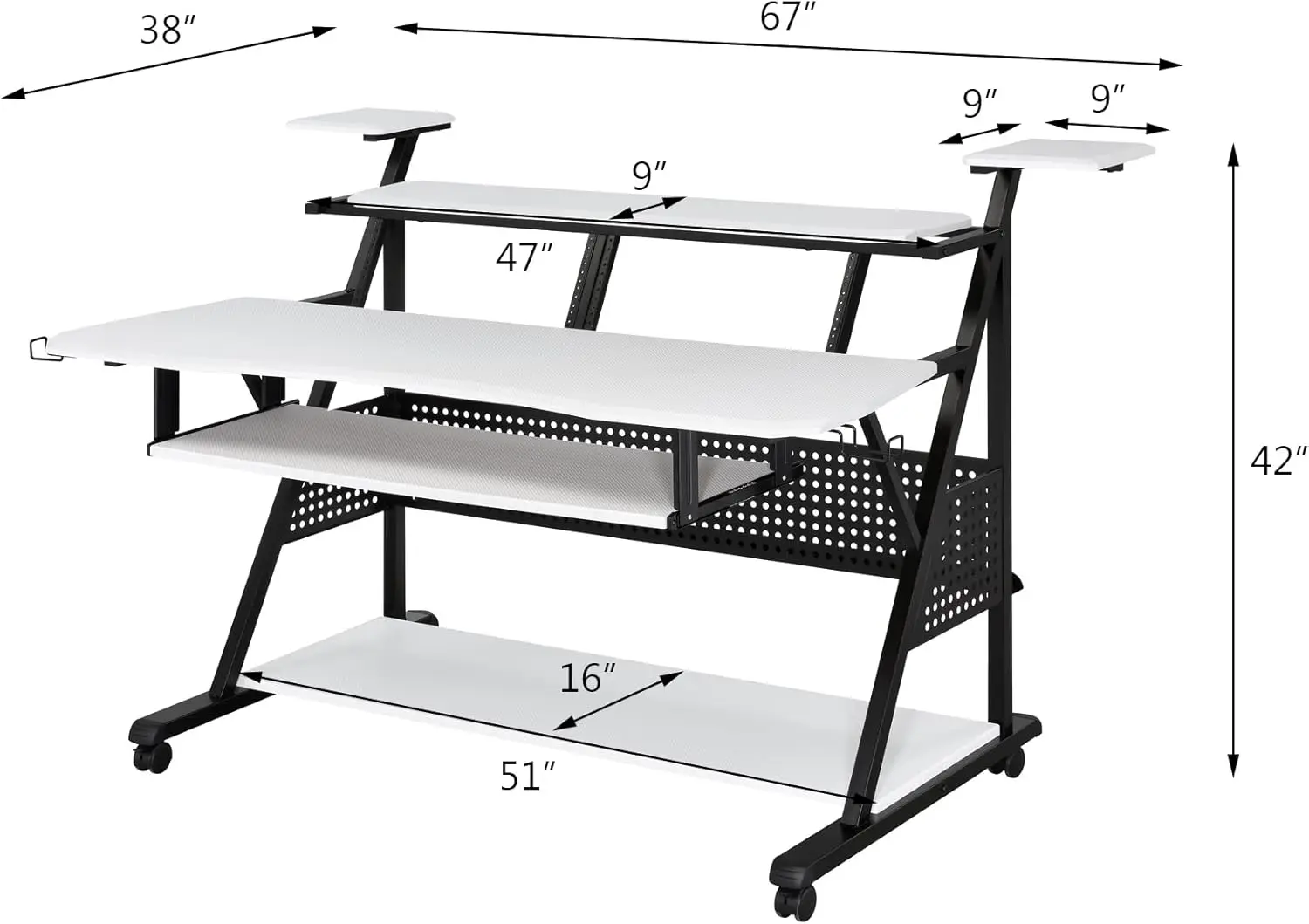 Furniture Rectangular Music Desk Table with Wheels, White and Black