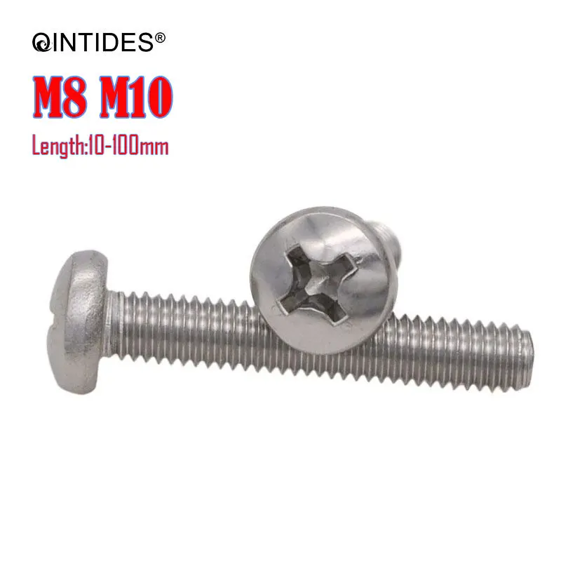 

10/100Pcs M8 M10 Screw Length:10 -100mm Cross Recessed Pan Head Screws 304 Stainless Steel Round Head Screw Phillips Screw