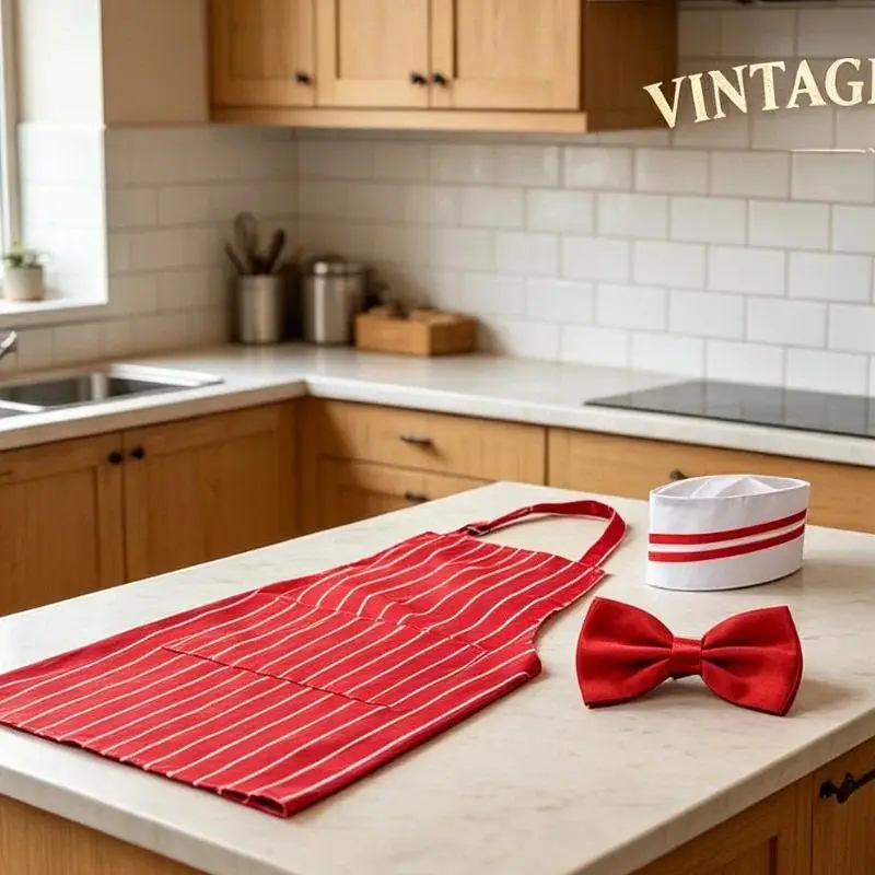 Vintage Waitress Costume Set for Women, Red & White Stripe Halter Apron with Bow Tie & Sailor Cap, Outfit Dress-up Accessory Kit