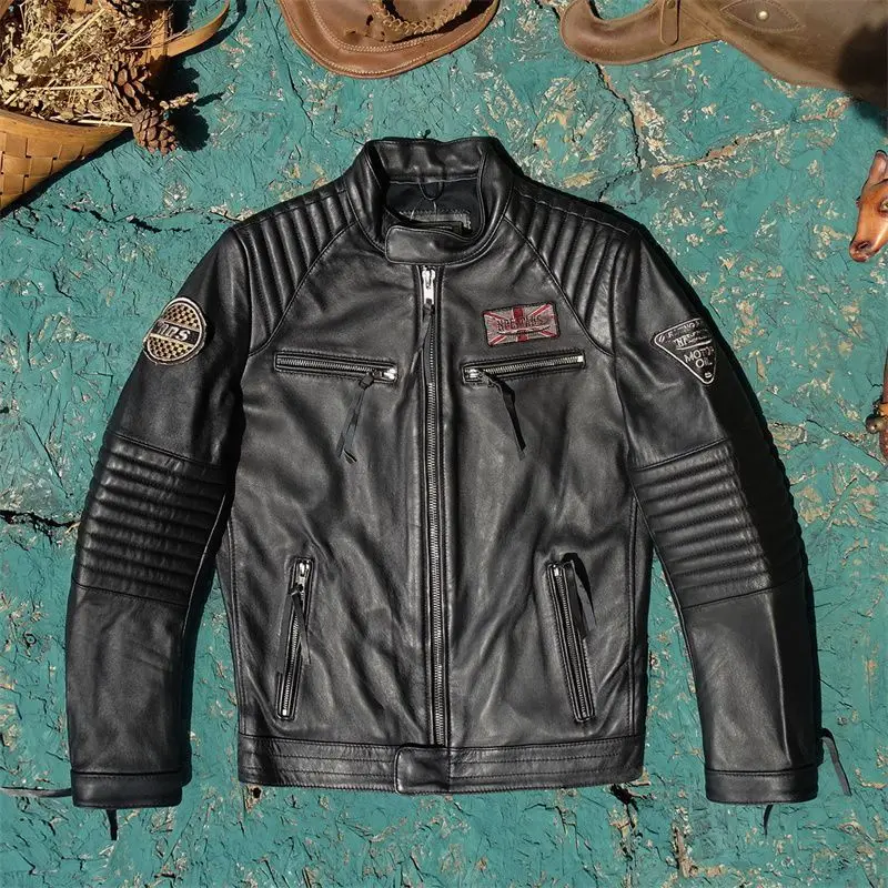 Classic motorcycle model! Stand-up collar multi-standard first-layer cowhide leather men's motorcycle leather jacket