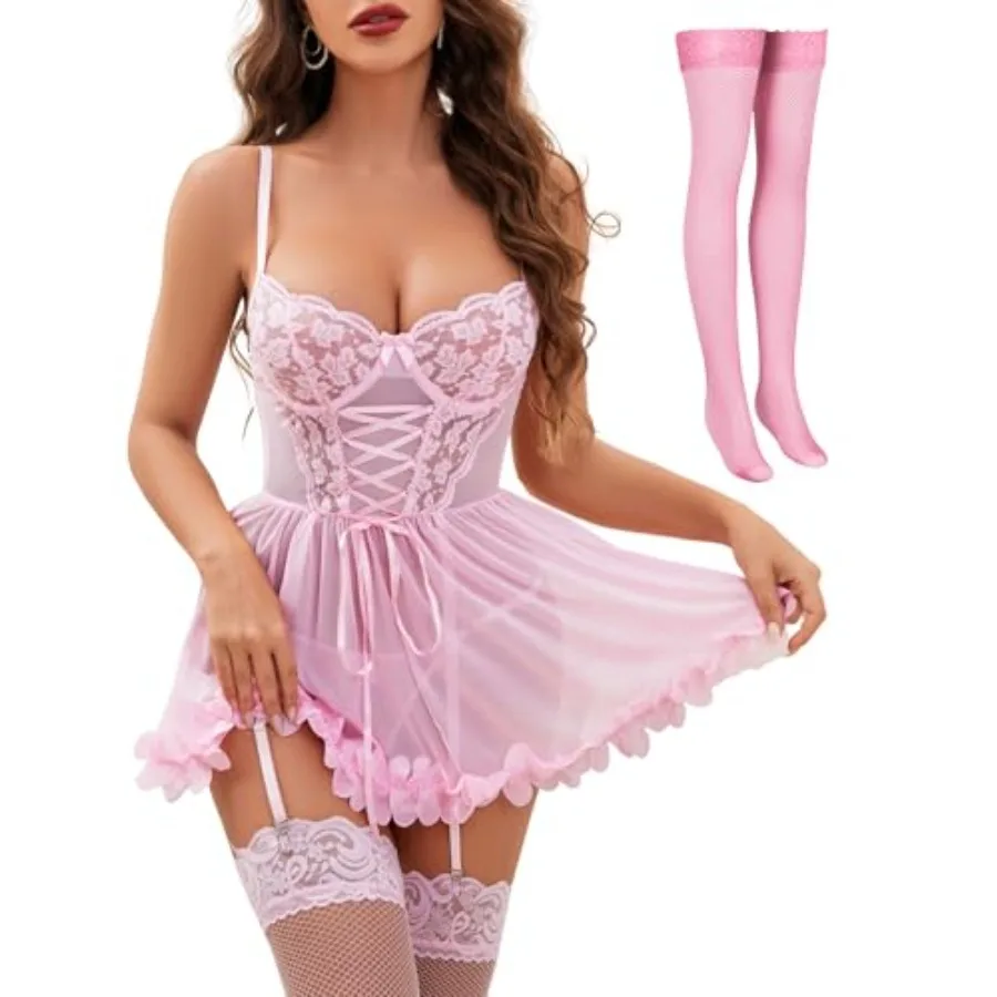 

Sexy Lingerie for Women Lace Babydoll Lingerie Dress Push up Nighty Petal Hem Chemise with Garter 4pcs