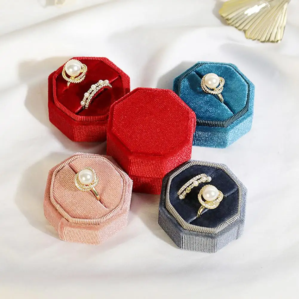 Ring Box With Lid Elegant Octagonal Short Velvet Korean Style Jewelry Case Corduroy Wedding Couple RIngs Box For Valentine's Day