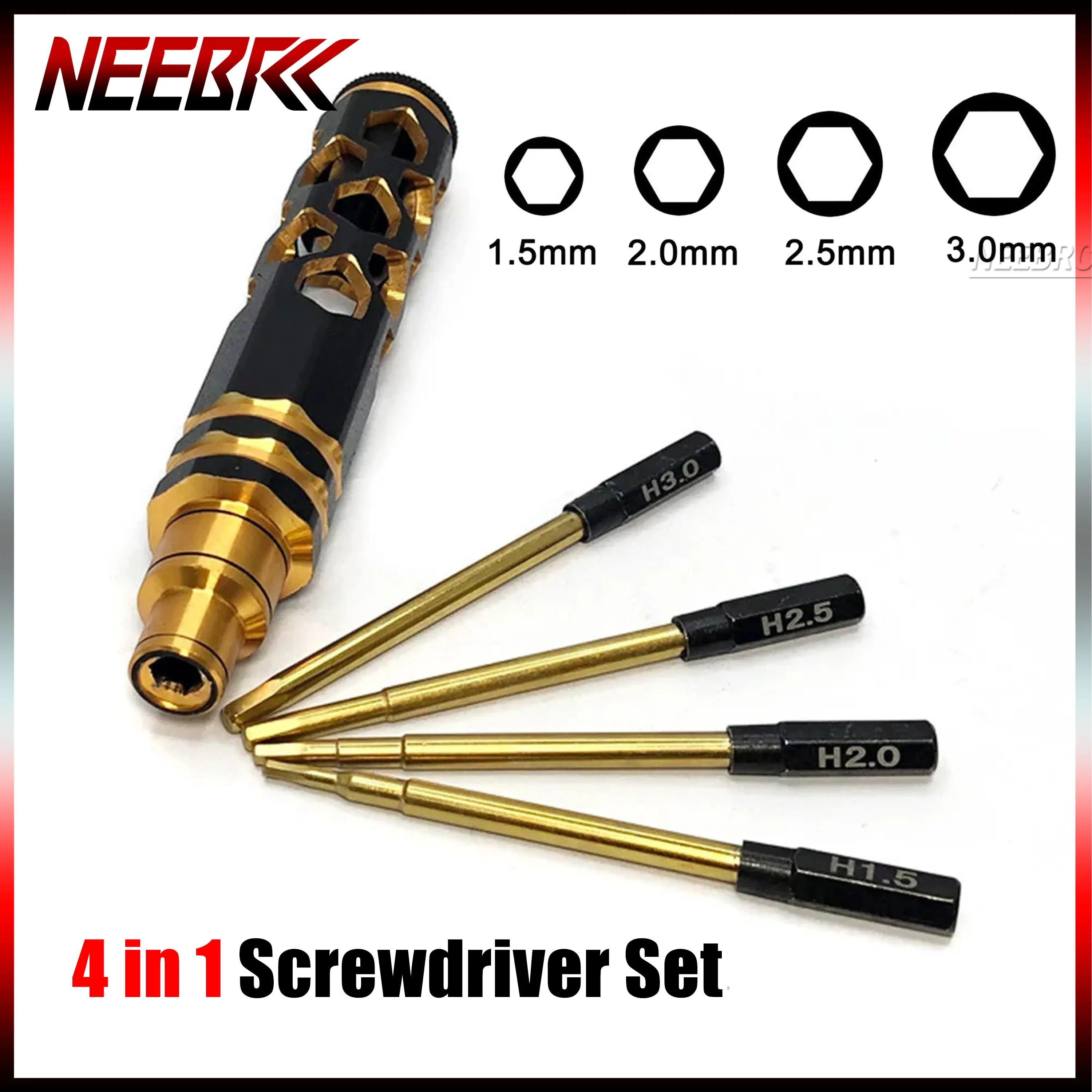 

NEEBRC 4 in 1 Screwdriver Set 1.5mm 2.0mm 2.5mm 3.0mm Hex Hexagonal Metal Service Tool Kit for RC Model Aircraft Car Boat Part
