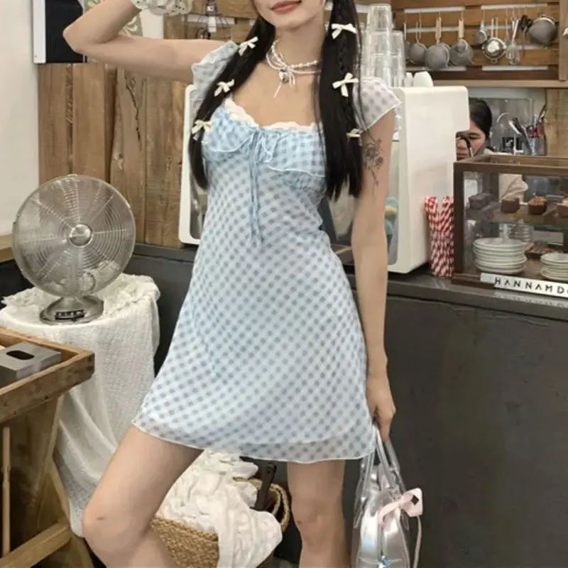 Hotsweet Blue Plaid Square Collar Mini Dress Women's Clothing Short Sleeve Summer Fashion Lace Spliced Drawstring A-Line Dresses