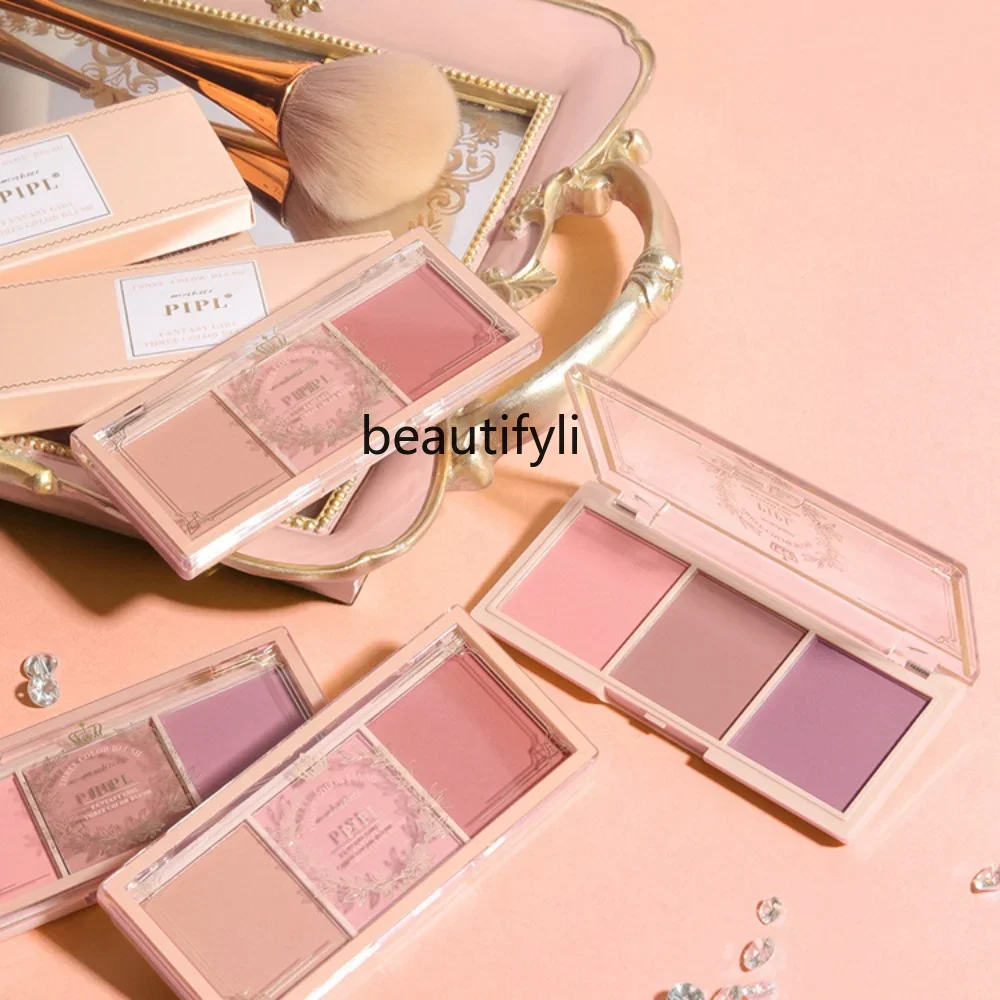 zq Blush Three-Color Plate Highlight Blush Chin Purple Peach Orange Powder Baked Milk Tea Color