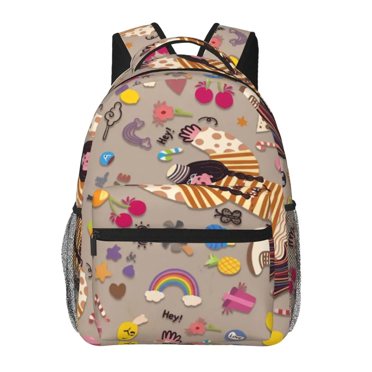 Manga Aesthetic Backpack Tossed Sticker Collage Playful Cartoon Multicolor Beige White Comic Bookbag for Teens College Travel