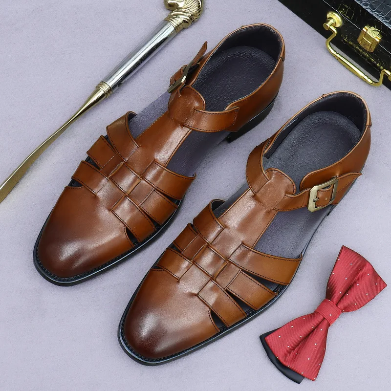 Roman Style Retro Leather Sandals Men's Top Layer Cowhide Summer Genuine Leather Sandals and Slippers Buckle Outer Beach Shoes