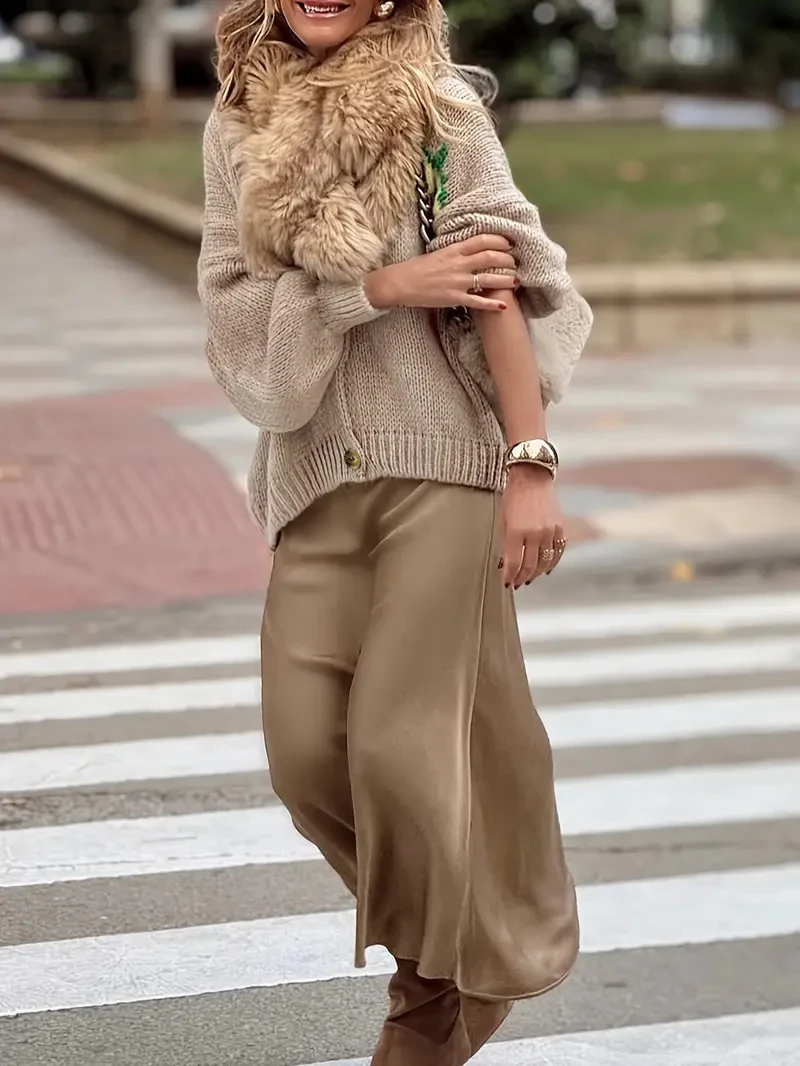 سترة نسائية كاجوال عصرية بأكمام طويلة وأزرار سترة ناعمة ومريحة فضفاضة بأكمام واسعة وسترة منسوجة بالليمون