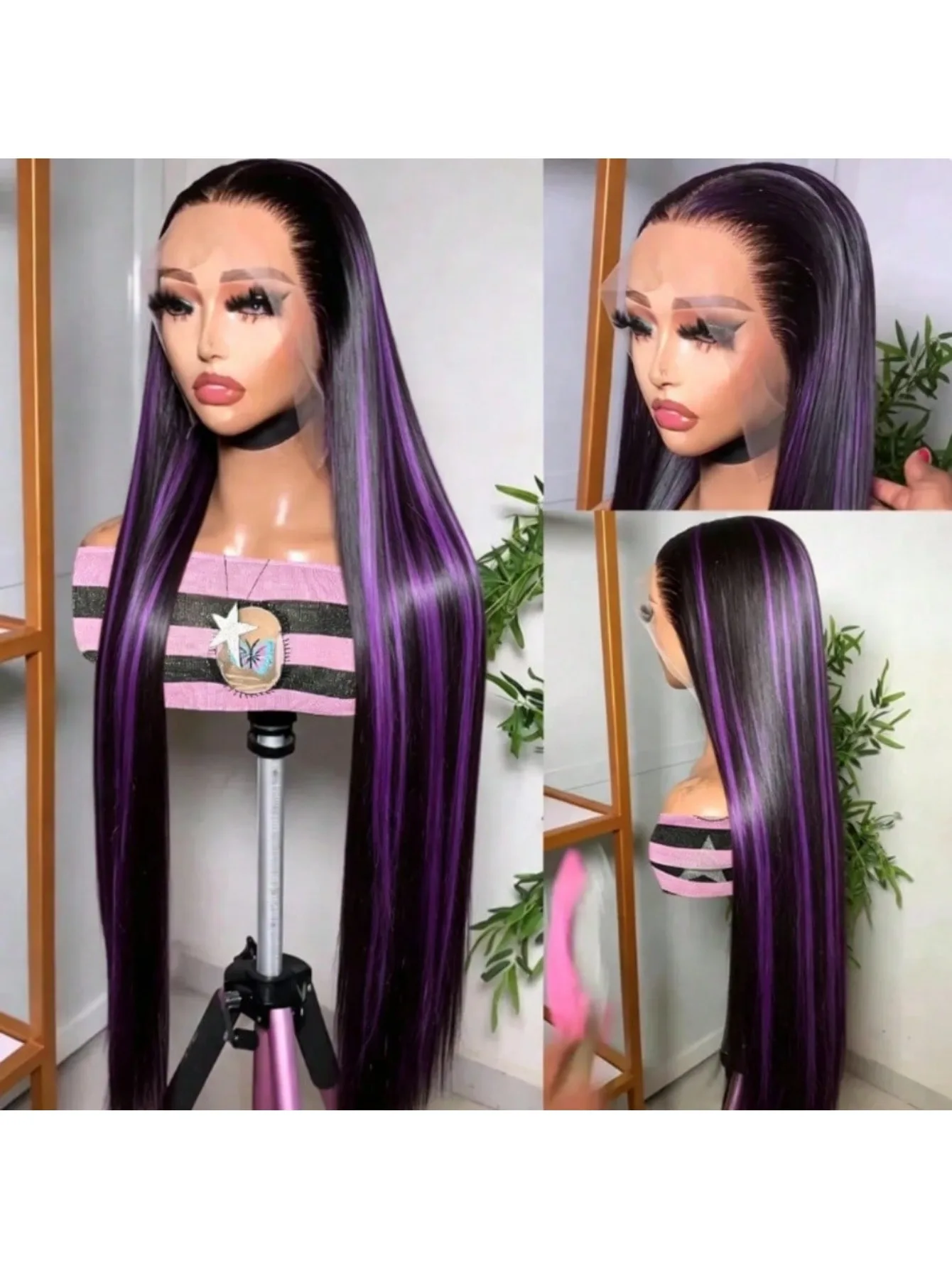 13x4 Highlight Purple Lace Frontal Wigs Human Hair Wigs for Women 180% Density Long Straight Lace Frontal Wigs Black and Purple Straight Skunk Stripe Glueless Wig Pre Plucked with Baby Hair Wear and Go Perfect for Daily Holiday Party For Halloween Use