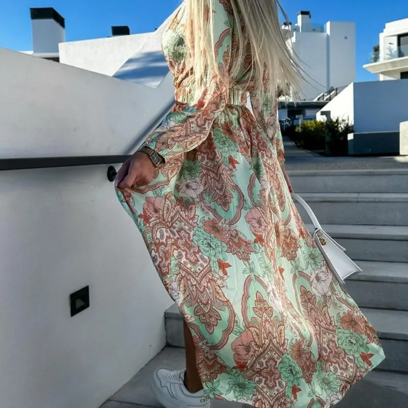 Trend V-neck Split Dress Women Long Sleeve High Waist Big Swing Maxi Dresses Floral Printed Slim Fits Long Casual Bohe Dress
