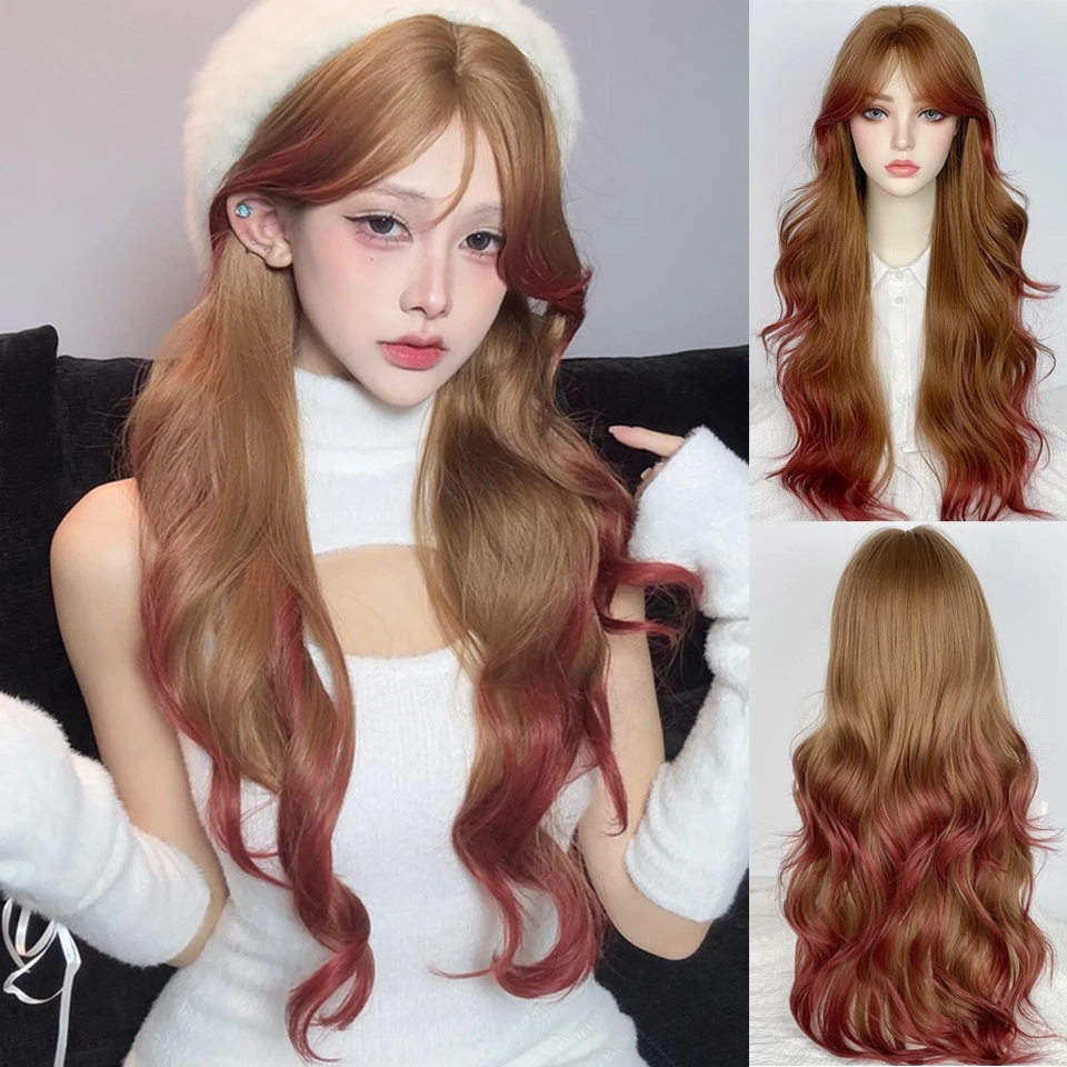 Long Wavy Brown Ombre Pink Cosplay Wigs Heat Resistant Synthetic Wigs With Bangs Natural Lolita Wigs For Women