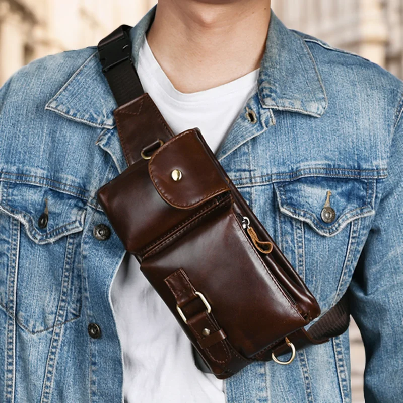 Bolsos de pecho de cuero genuino Vintage para hombre, riñonera para viajes al aire libre, deportes, riñonera para hombre, bolso de hombro tipo