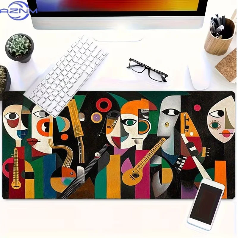 Vibrant Artistic Mouse Pad, Rubber-Made with Multiple Specs, Cubist Style Featuring Faces & Instruments, Ideal for Programmers/G