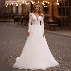Fascinating Sexy Deep V Neck A Line Women's Wedding Dresses Classic Lace Appliques Bride Gowns Long Sleeve Vestidos Novias Boda