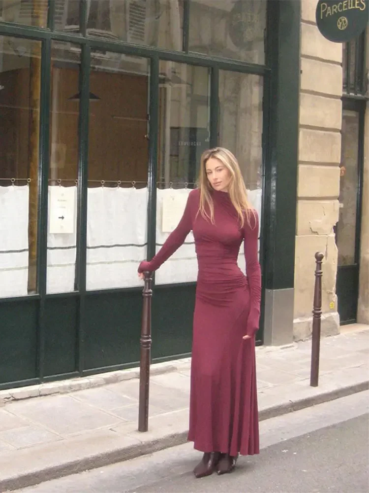 Burgundy Bodycon Pleated Long Dress Elegant Full Sleeve High Neck Maxi Dresses Fashion Slim Robes 2024 New Lady Evening Gown