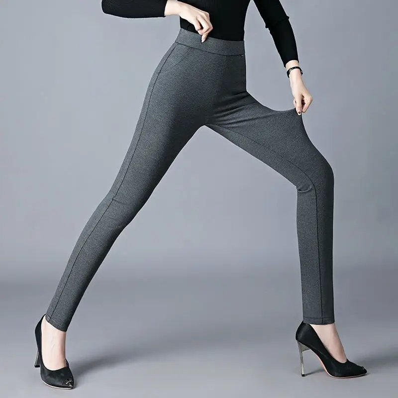 กางเกงขายาวทรงตรงเอวสูงผ้ายืดสำหรับผู้หญิง สไตล์ลำลอง เหมาะกับฤดูใบไม้ผลิและฤดูใบไม้ร่วง ช่วยให้ดูขาเรียวสวย