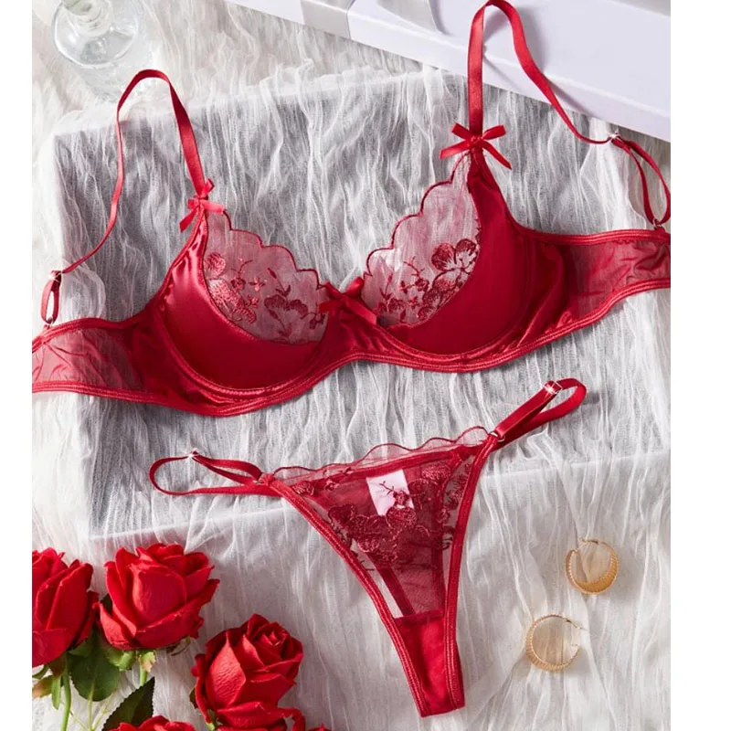 

Sexy Lingerie Hot Girl Red Erotic Lingerie Female Ultra Thin Bra and Panties Set Translucent Intimate Women's Ethical Underwear