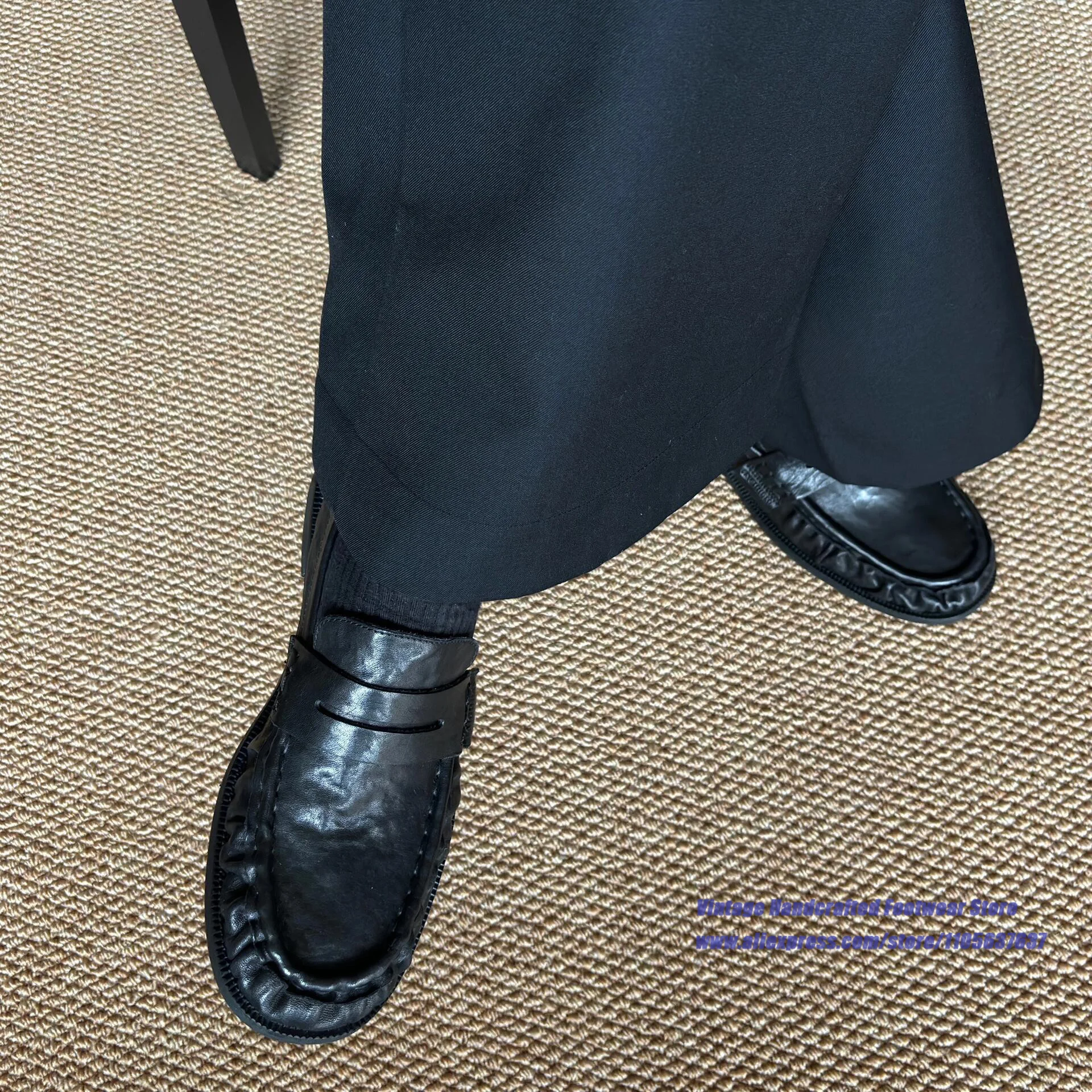 Men's Black Leather Ruched Wrinkled Loafers Slip On Low Heel Formal Casual Leather Dress Shoes Vintage Handcrafted Men's Shoes