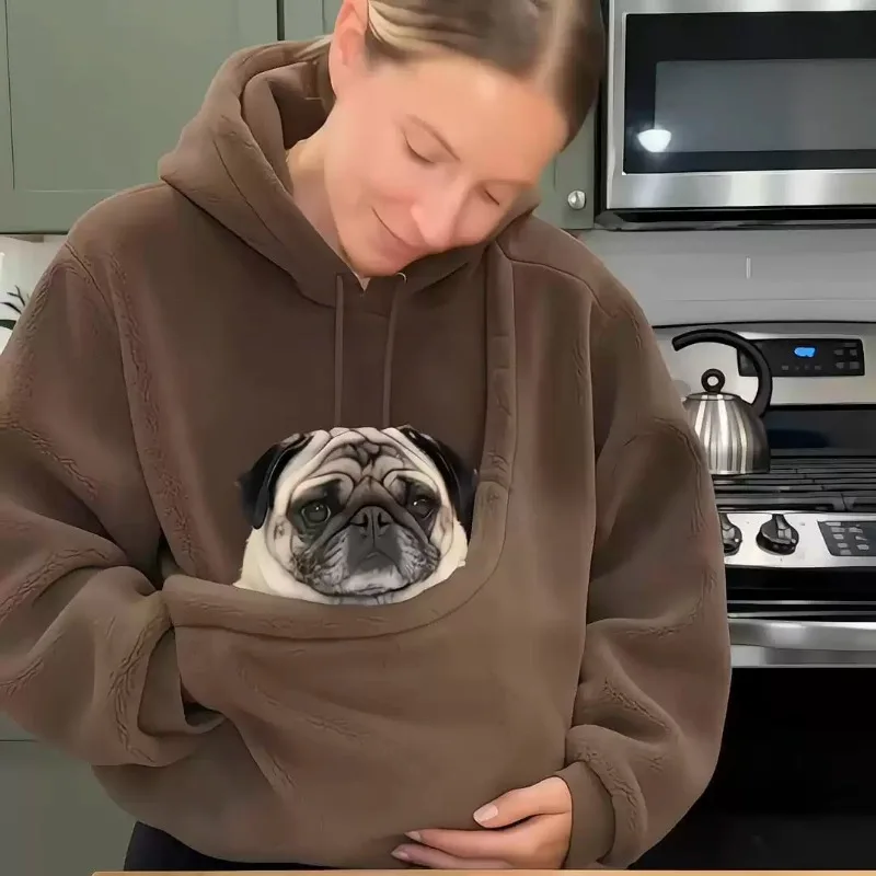 Oversized Plush Hoodie with Kangaroo Pet Holding Pocket, Long‑Sleeve Cozy Fleece Pullover, Casual Loose Hooded Sweatshirt