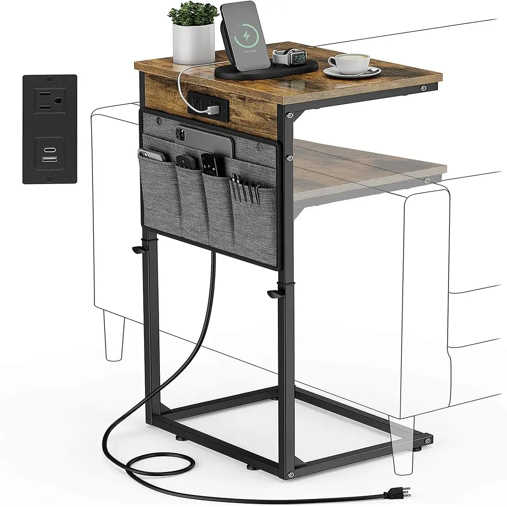 

C Shaped End Table With Charging Station, 33"" Tall Side Table For Couch, Sofa Table Adjustable Height Small Couch Side C