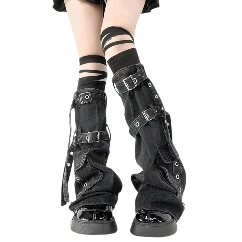 Women Punk Flared Leg Warmer with Metal Buckled Denims Leg Sleeve Long Stockings Dropshipping