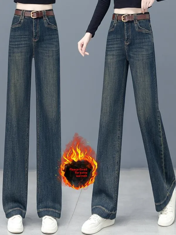 

Retro Straight Leg Denim Jeans Women's Slim Wide Leg Pants Spring Autumn High Waist Thiened Jeans plus Size