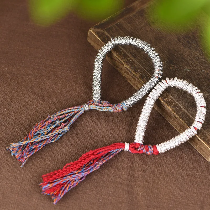

Этнические браслеты «сделай сам», красочные веревочные браслеты «Бесконечность» для женщин, стук из чистого серебра 999 пробы, круглые бусины, браслет, длинные радужные ювелирные изделия с кисточками