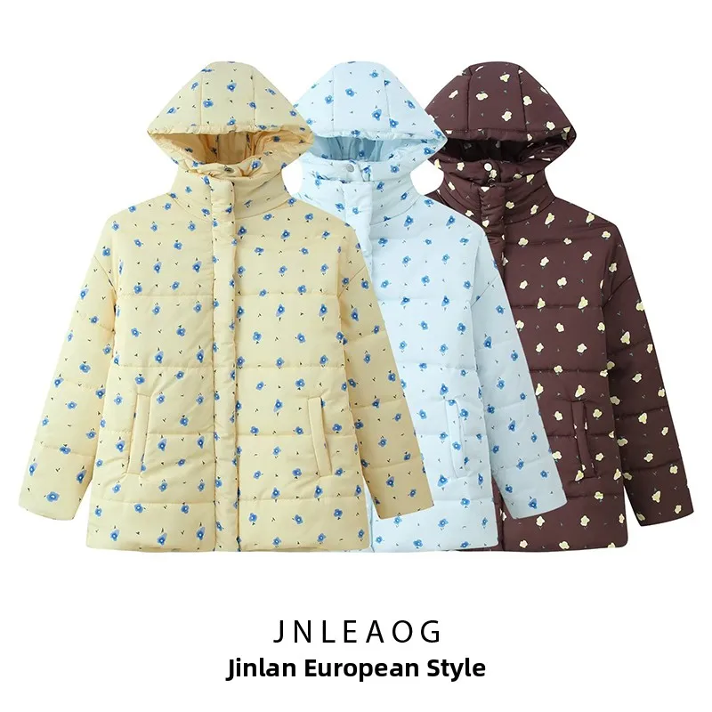 

JNLEAOG Autumn New Women's Street Sle Cotton Jaet Hooded Floral Print Long Sve Zipper Closure Straight Cut Coat
