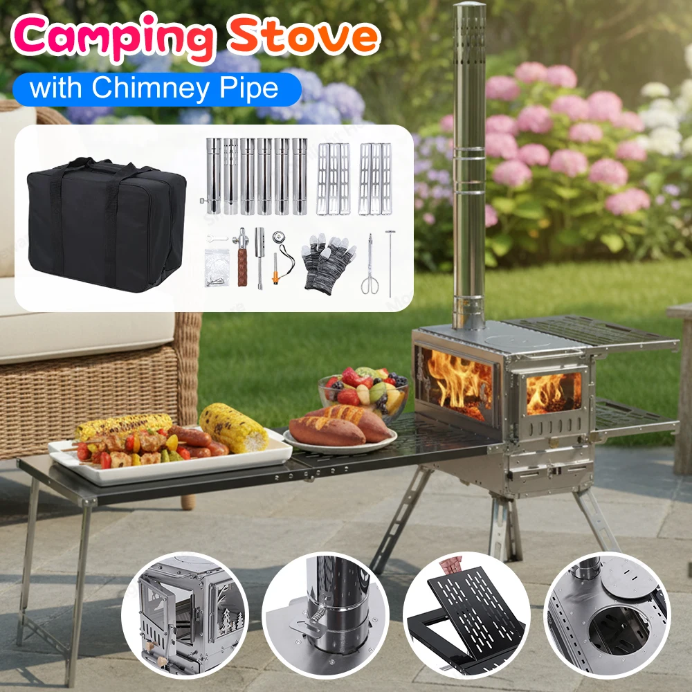 

Wood Burning Stove Portable Stove with 6 Stainless Chimney Pipes for Outdoor Heating & Cooking Ice Fishing Hunting Winter Warmth