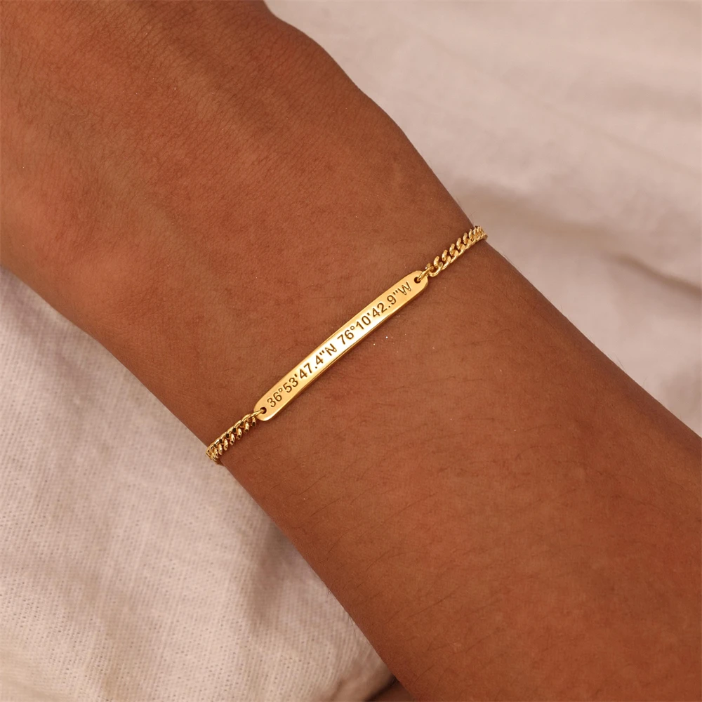 

Custom Name Bar Bracelet Personalized Engraved Jewelry Gift Stainless Steel Curb Chain Bracelets for Women Men Party Gift