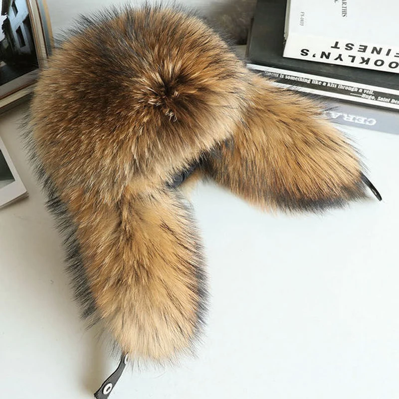 Winter Warm Men's 100% Real Silver Fox Fur Bomber Hat Raccoon Fur Ushanka Cap Trapper Russian Man Ski Hats Caps Real Leather