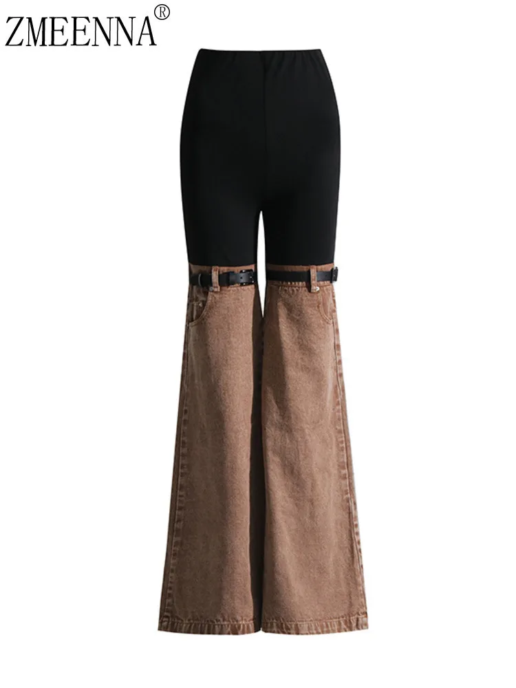 

ZMEENNA Women's High Waisted Color Block Bell Bottom Jeans With Belt Detail Two Tone Flared Denim Pants Casual Fashion ZM3187