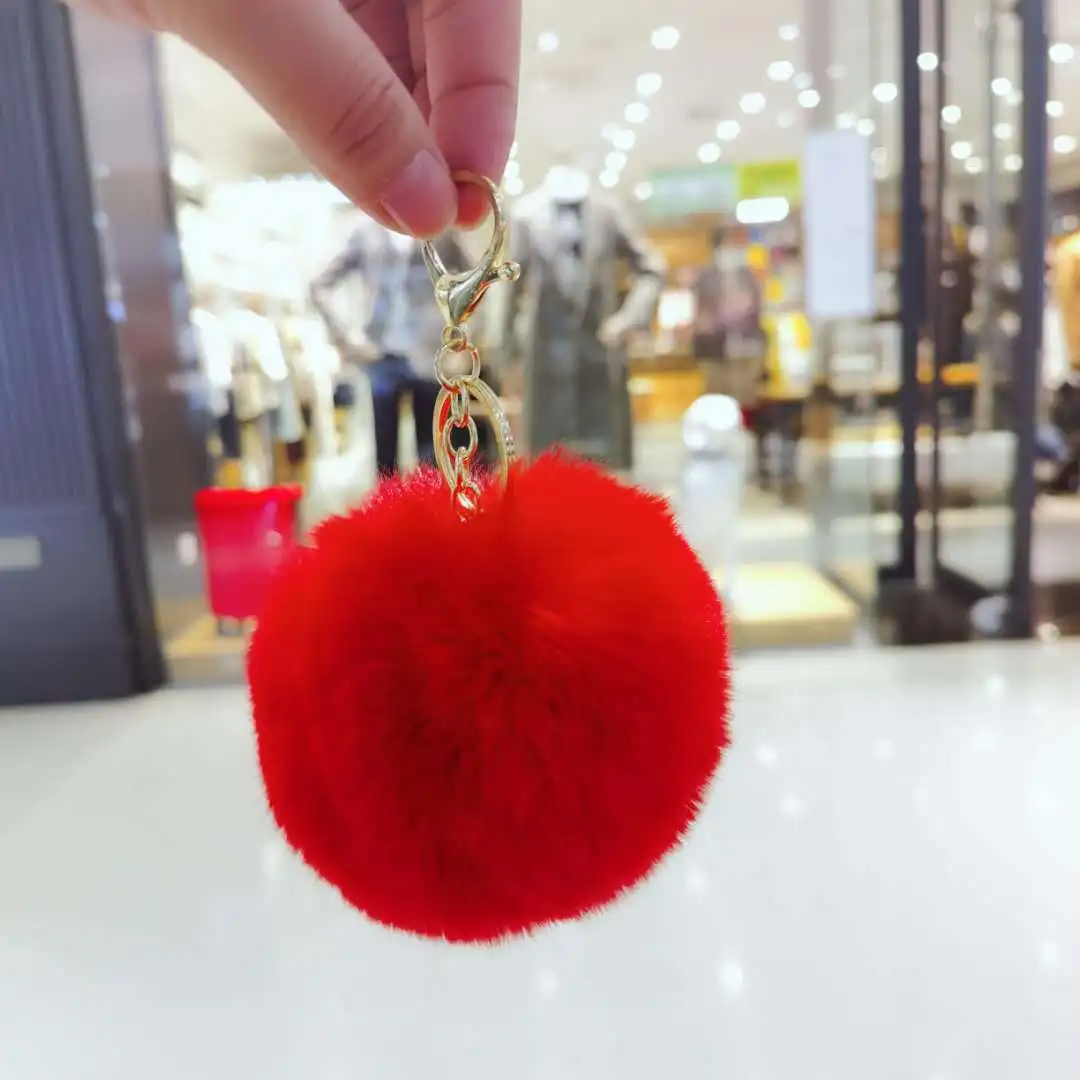 1pcs 8cm Fake Fur Brand Bag Keychain Pompom Car Keyring Gold Color Chains Pompons Fake Fox Rabbit Fur Charms Chain