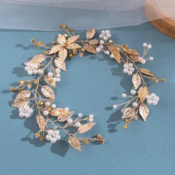 Gold Color Pearl Crystal Headband Tiara For Women Party Rhinestone Leaf HeadbandBridal Wedding Hair Accessories Jewelry Tiara